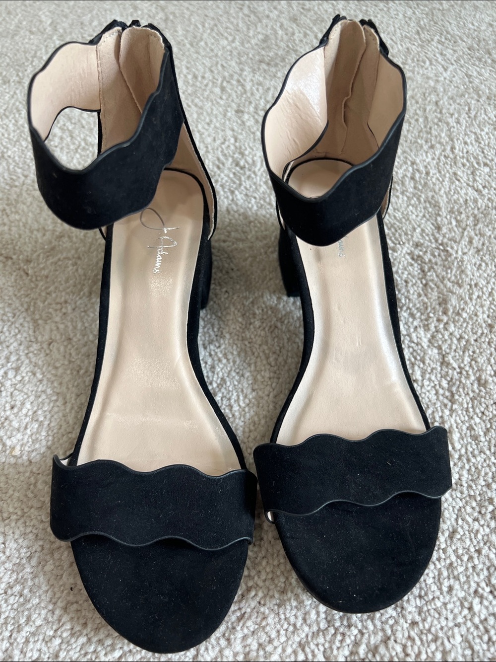 Scallop Ankle-Strap Block Heel Sandals - Black Faux Suede